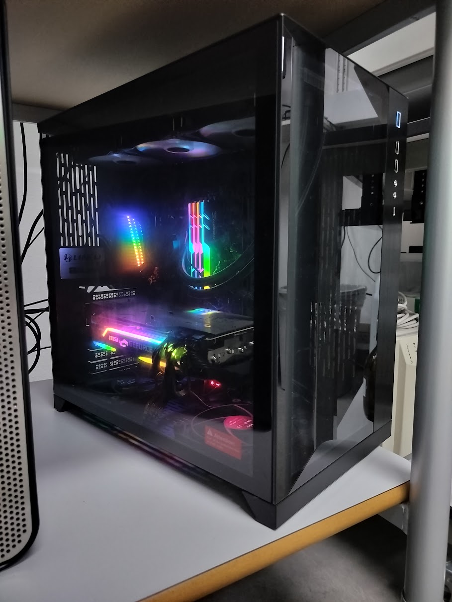 A finished build lit in blue and pink